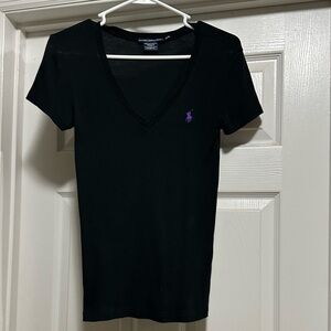Ralph Lauren Black V-Neck Short Sleeve Tee with Purple Pony